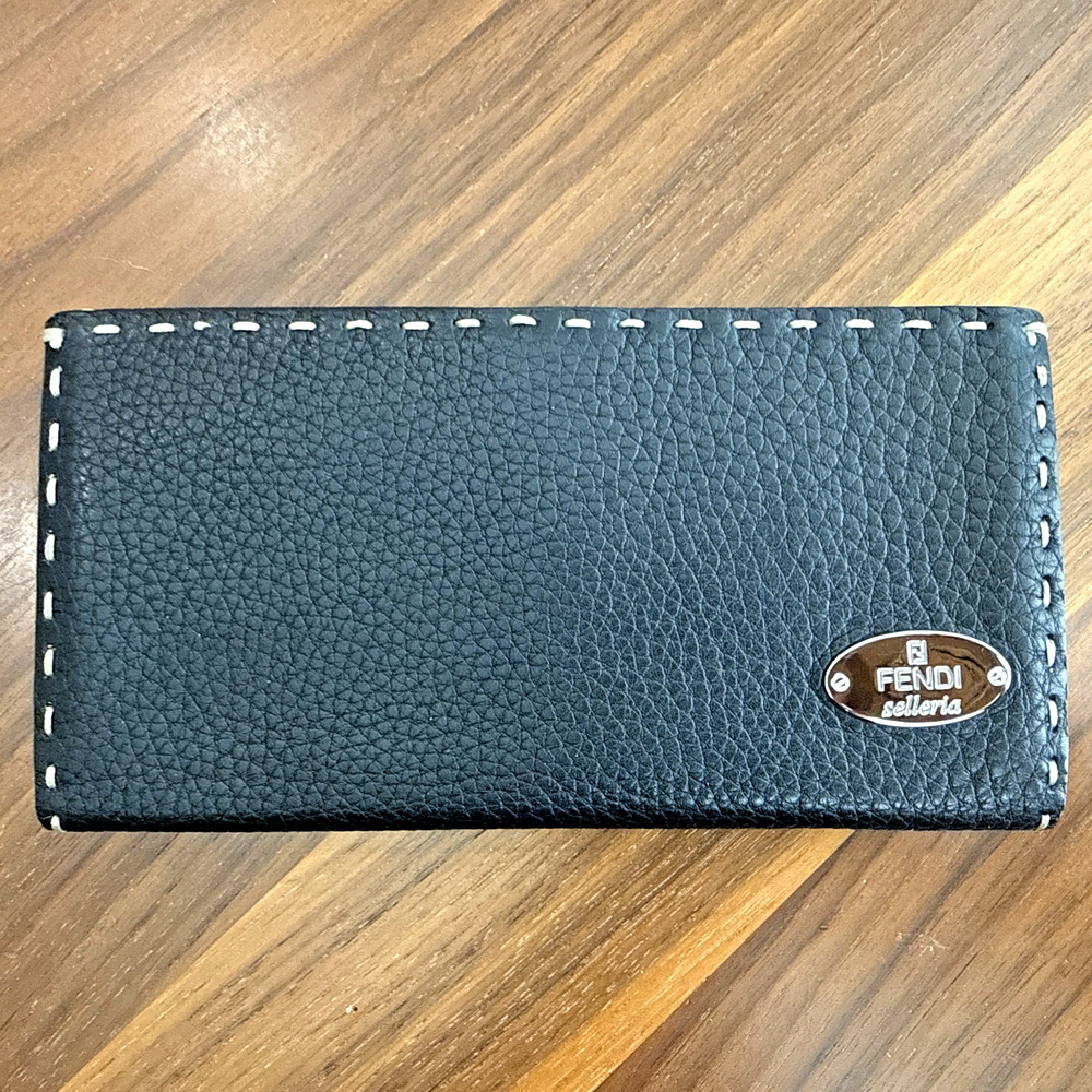 Fendi Selleria Leather Long Wallet - Black With Tan Thread - Great Condition! ￼